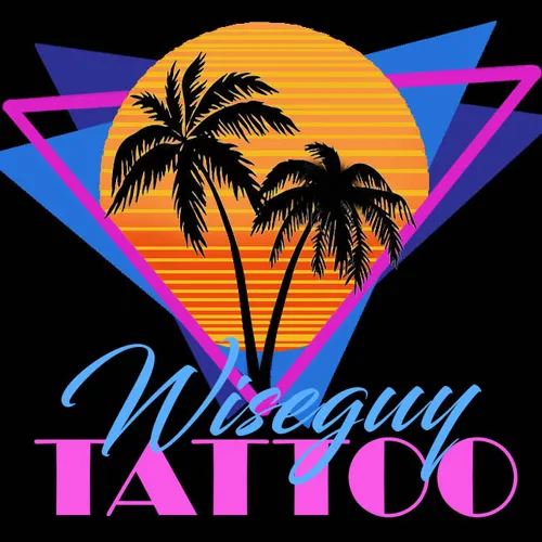 Wiseguy Tattoo sticker design — palm trees on neon sunset