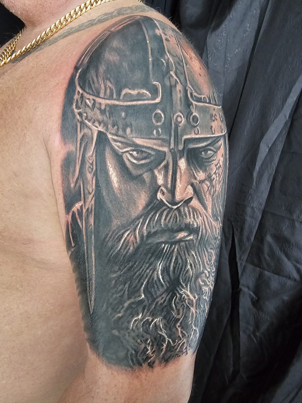 Norse warrior sleeve, upper-arm detail, by Guy Abergel